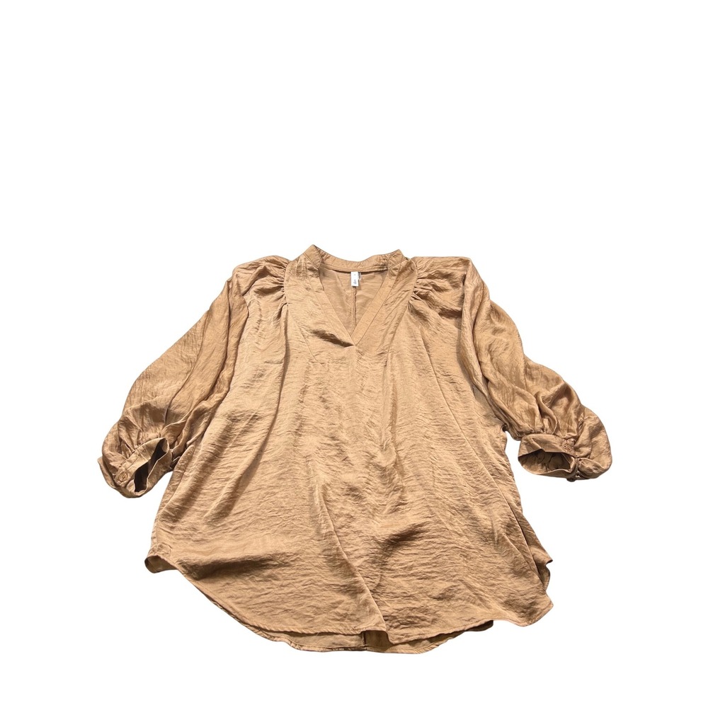 Umgee Glam Satin Blouse Women's Medium Taupe Balloon Sleeve V Neck Minimalist